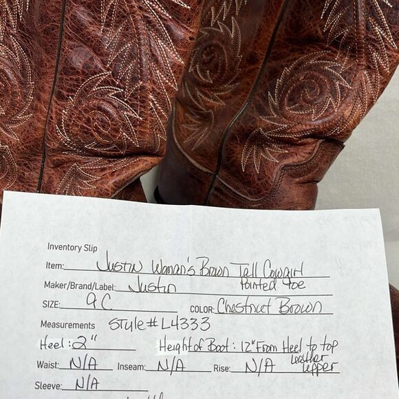 Justin L4333 Cowgirl Boots Tall Brown Pointed Toes SZ 9C Cowgirl Rodeowear Hors - Picture 2 of 16